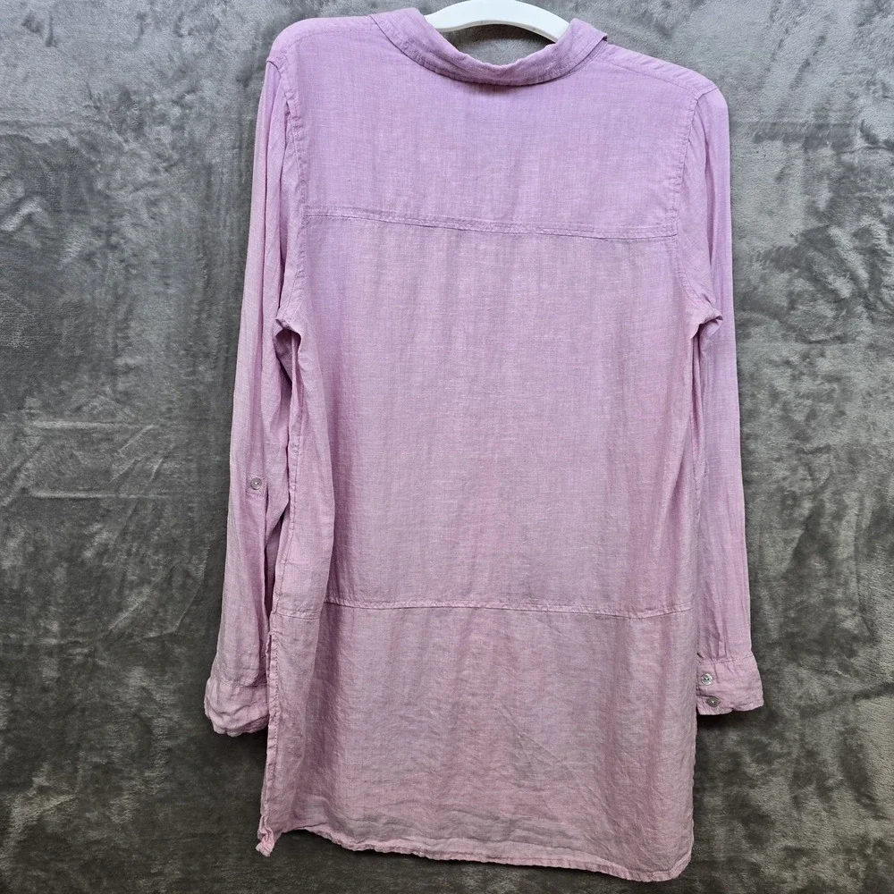 Tahari 100% Linen Button Down Tunic Top Pink Lightweight Roll-Tab Sleeves Medium - Picture 8 of 9